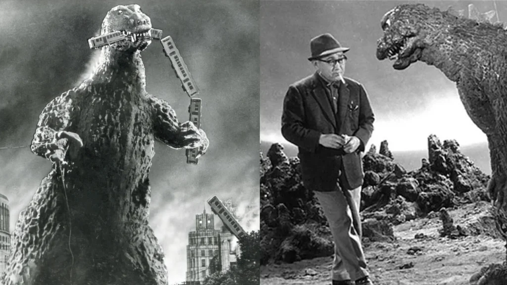 Godzilla towering over a city with a train in its mouth, alongside a man in a suit, referencing the iconic monster film.